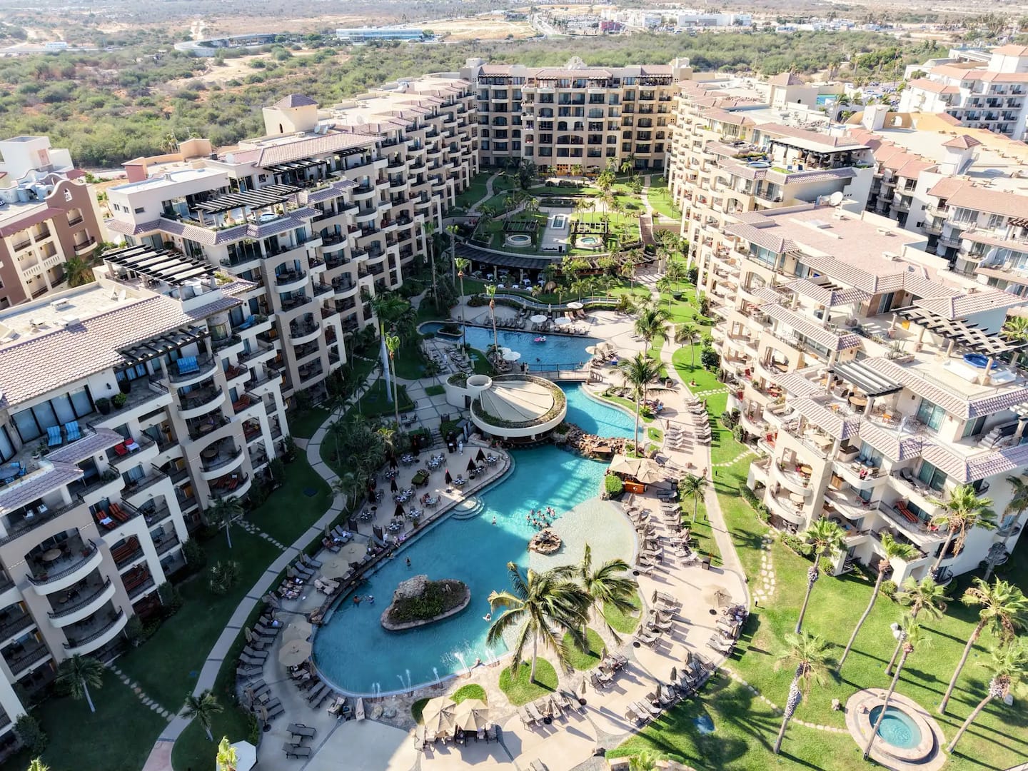 Aerial view of Villa La Estancia resort pools, gardens and residences in Cabo San Lucas